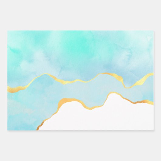 穏やかな熱帯グリーンウォーターの色の縁ど金ゴールド ラッピングペーパーシート (正面)