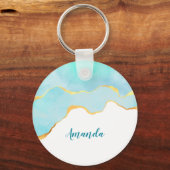 穏やかな熱帯グリーンブルーと金ゴールド縁ど キーホルダー (正面)