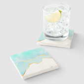 穏やかな熱帯グリーンブルーと金ゴールド縁ど ストーンコースター (横)