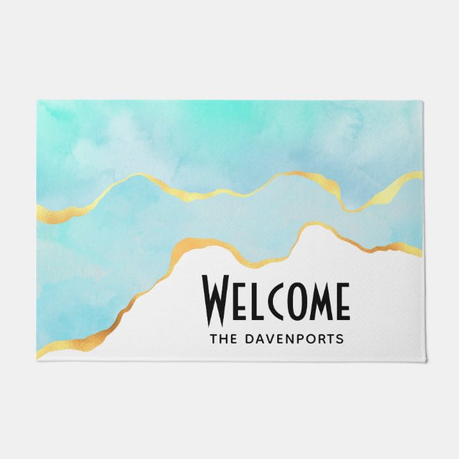 穏やかな熱帯グリーンブルーと金ゴールド縁ど ドアマット (正面)