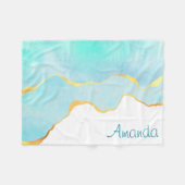 穏やかな熱帯グリーンブルーと金ゴールド縁ど フリースブランケット (正面(横))