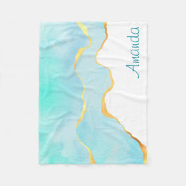 穏やかな熱帯グリーンブルーと金ゴールド縁ど フリースブランケット