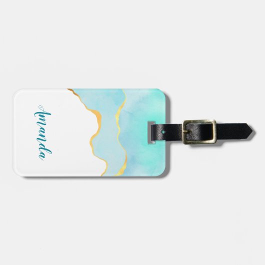穏やかな熱帯グリーンブルーと金ゴールド縁ど ラゲッジタグ (正面横)