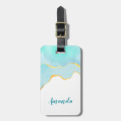 穏やかな熱帯グリーンブルーと金ゴールド縁ど ラゲッジタグ (正面縦)