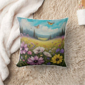 穏やかな牧草地のシーン青白い蝶と花 クッション (ブランケット)