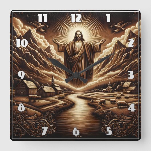 穏やかな田園風景を見るイエス スクエア壁時計 (正面)