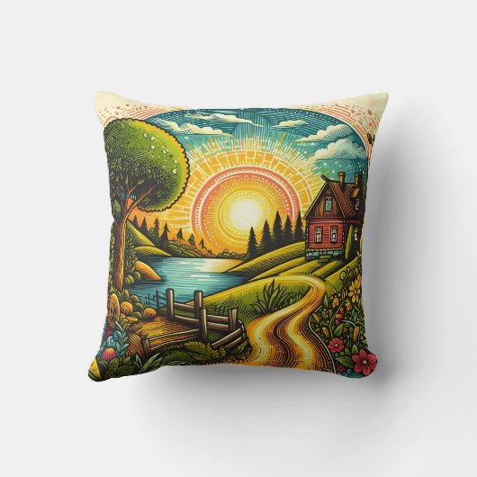 穏やかな田舎の家の上の穏やかな夕日 クッション (裏面)