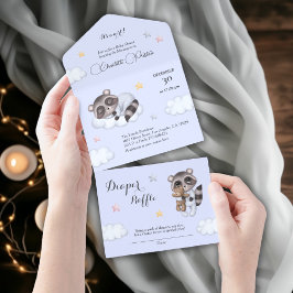 穏やかな男の赤ちゃんラクーンブルーベビーシャワー オールインワン招待状