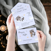 穏やかな男の赤ちゃんラクーンブルーベビーシャワー オールインワン招待状