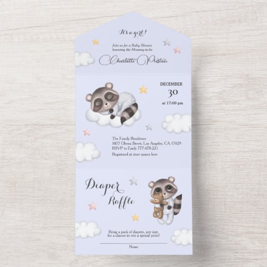 穏やかな男の赤ちゃんラクーンブルーベビーシャワー オールインワン招待状 (内側)