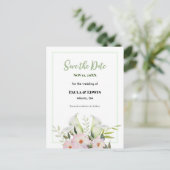 穏やかな白いカラリリーバラ結婚式日付を保存 案内ポストカード (スタンド正面)