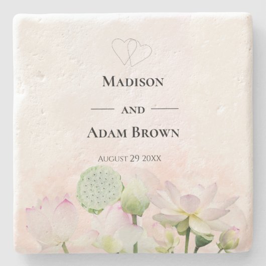 穏やかな睡蓮と蓮の花の水彩結婚の ストーンコースター (正面)