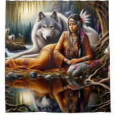 穏やかな瞬間:インディアンの女性と狼 シャワーカーテン (正面)