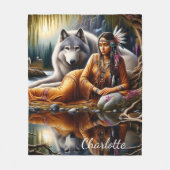 穏やかな瞬間：インディアンの女性と狼 フリースブランケット (正面)