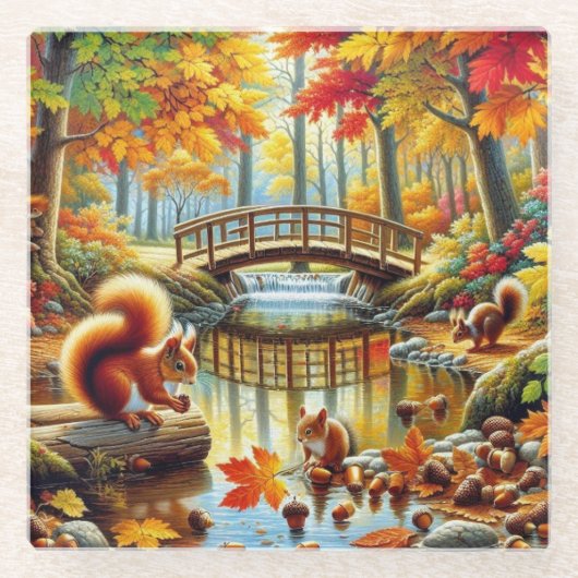 穏やかな秋の森の景色絵を描の ガラスコースター (正面)