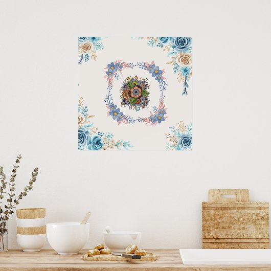 穏やかな穏やかな – ティール（緑がかった色）とピンクウォーターの色フローラ ポスター (キッチン)