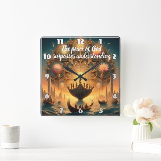 穏やかな航海:ボートが水面に漂う スクエア壁時計 (ホーム)