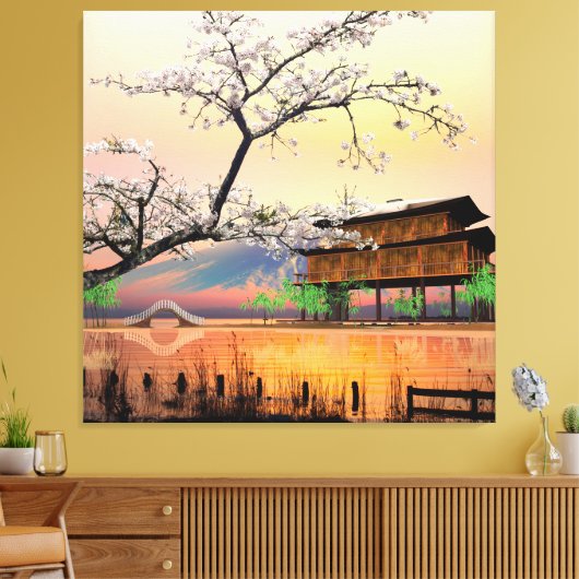 穏やかな花：湖畔に沈む日本の夕日 キャンバスプリント (インサイチュ (リビング))