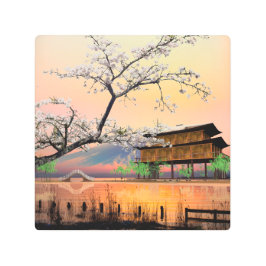 穏やかな花：湖畔に沈む日本の夕日 メタルプリント