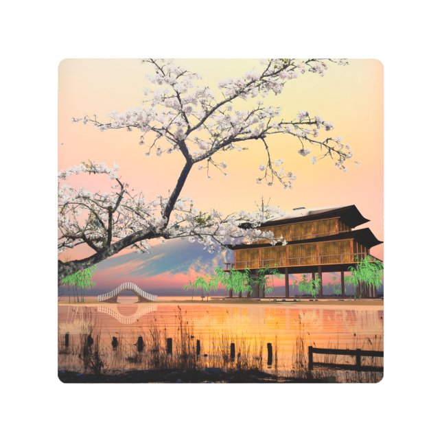 穏やかな花：湖畔に沈む日本の夕日 メタルプリント (正面)