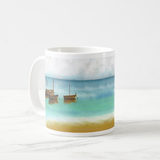 穏やかな落ち着いた海とボートのコーヒーマグ コーヒーマグカップ (正面左)