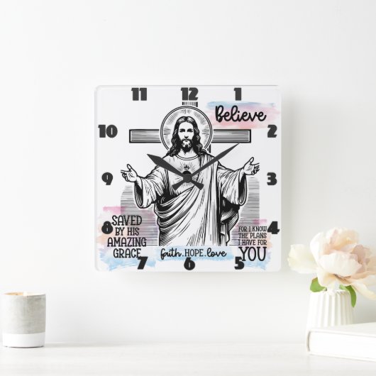 穏やかな表情をしたイエス スクエア壁時計 (ホーム)