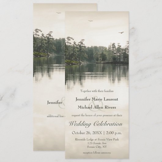 穏やかな農村湖面の反射とスレンダーな結婚式 招待状 (正面/裏面)