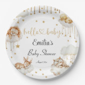 穏やかな金ゴールド夢の森の生き物ベビーシャワー ペーパープレート (正面)