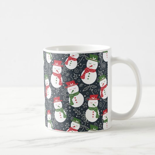 穏やかな雪だるま - クリスマスの赤と緑のパターン コーヒーマグカップ (右)