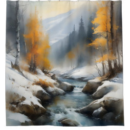 穏やかな雪に覆われた冬の川の風景絵を描。 シャワーカーテン
