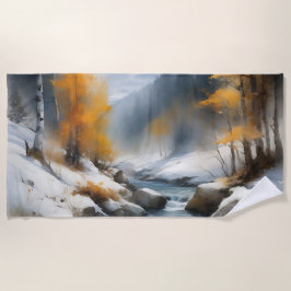 穏やかな雪に覆われた冬の川の風景絵を描。 ビーチタオル