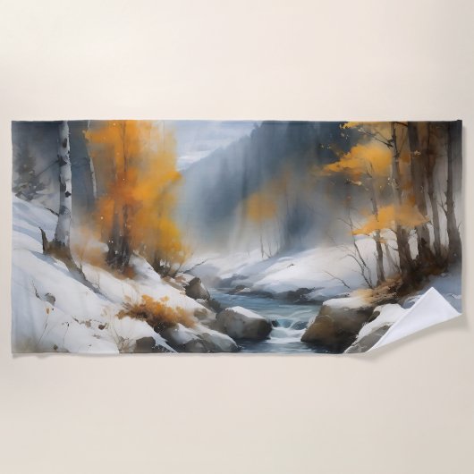 穏やかな雪に覆われた冬の川の風景絵を描。 ビーチタオル (正面)