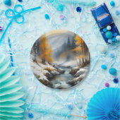 穏やかな雪に覆われた冬の川の風景絵を描。 ペーパープレート (パーティー)