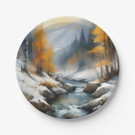 穏やかな雪に覆われた冬の川の風景絵を描。 ペーパープレート