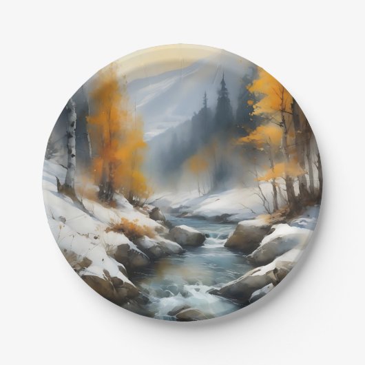 穏やかな雪に覆われた冬の川の風景絵を描。 ペーパープレート (正面)