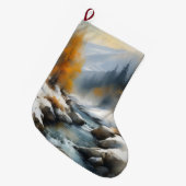 穏やかな雪に覆われた冬の川の風景絵を描。 ラージクリスマスストッキング (正面 (吊り時))