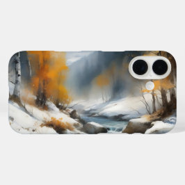 穏やかな雪に覆われた冬の川の風景絵を描。 iPhone 16ケース