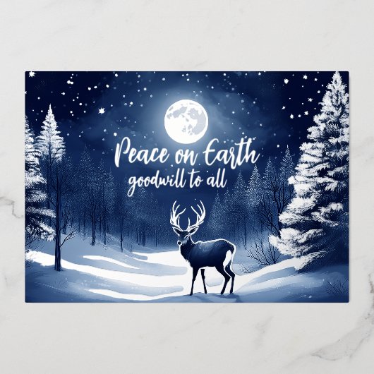 穏やかな雪の冬の森と満月と鹿 箔シーズンカード (正面)
