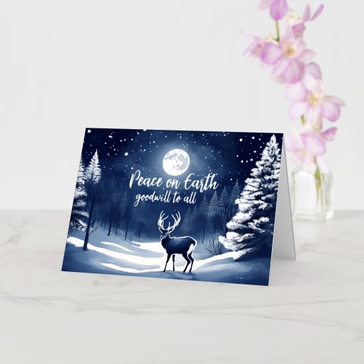 穏やかな雪の冬の森の満月と鹿 箔グリーティングカード (蘭)