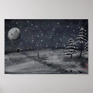 穏やかな雪の夜の黒板風景 ポスター