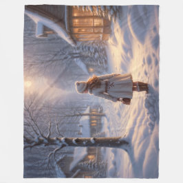 穏やかな雪の来夜の家 フリースブランケット