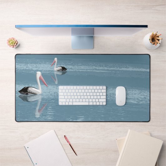 穏やかな青い水の上でパドリングするペリカンカップル デスクマット (オフィス1)