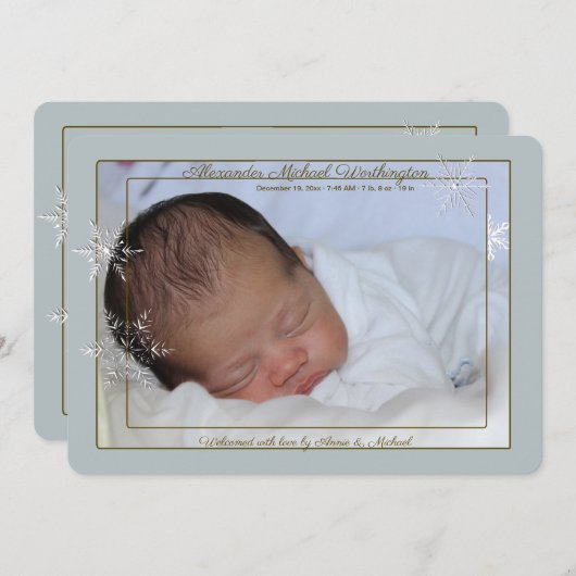 穏やかな青い雪片の写真の誕生のお知らせ シーズンカード (正面/裏面)