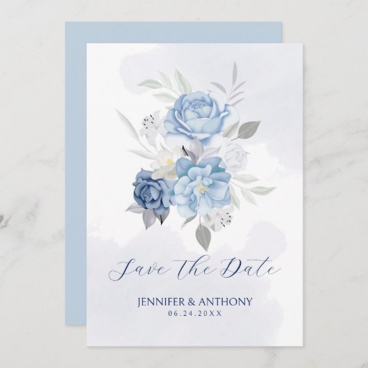 穏やかな青と白のバラ セーブザデート (正面/裏面)