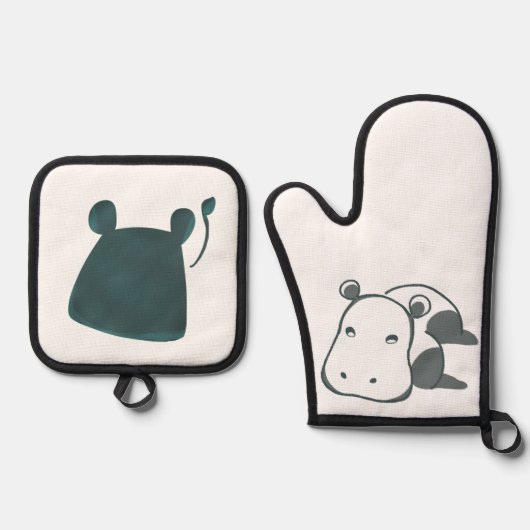 穏やかな青の柔らかいカバ 鍋つかみ&鍋敷きセット (正面)