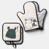 穏やかな青の柔らかいカバ 鍋つかみ&鍋敷きセット (正面/裏面)