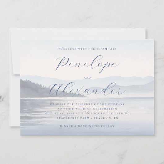 穏やかな青の水彩山々 招待状 (正面)