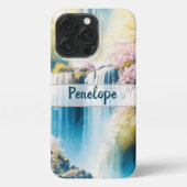 穏やかな青の滝、ピンクの花カスタムの花 iPhoneケース (裏面)
