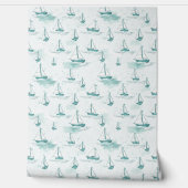 穏やかな青の緑の小さなセーリングボーツパターン 壁紙 (ほどく)