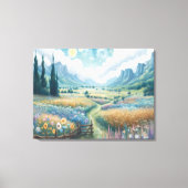 穏やかな風景：花と山の咲く キャンバスプリント (正面)